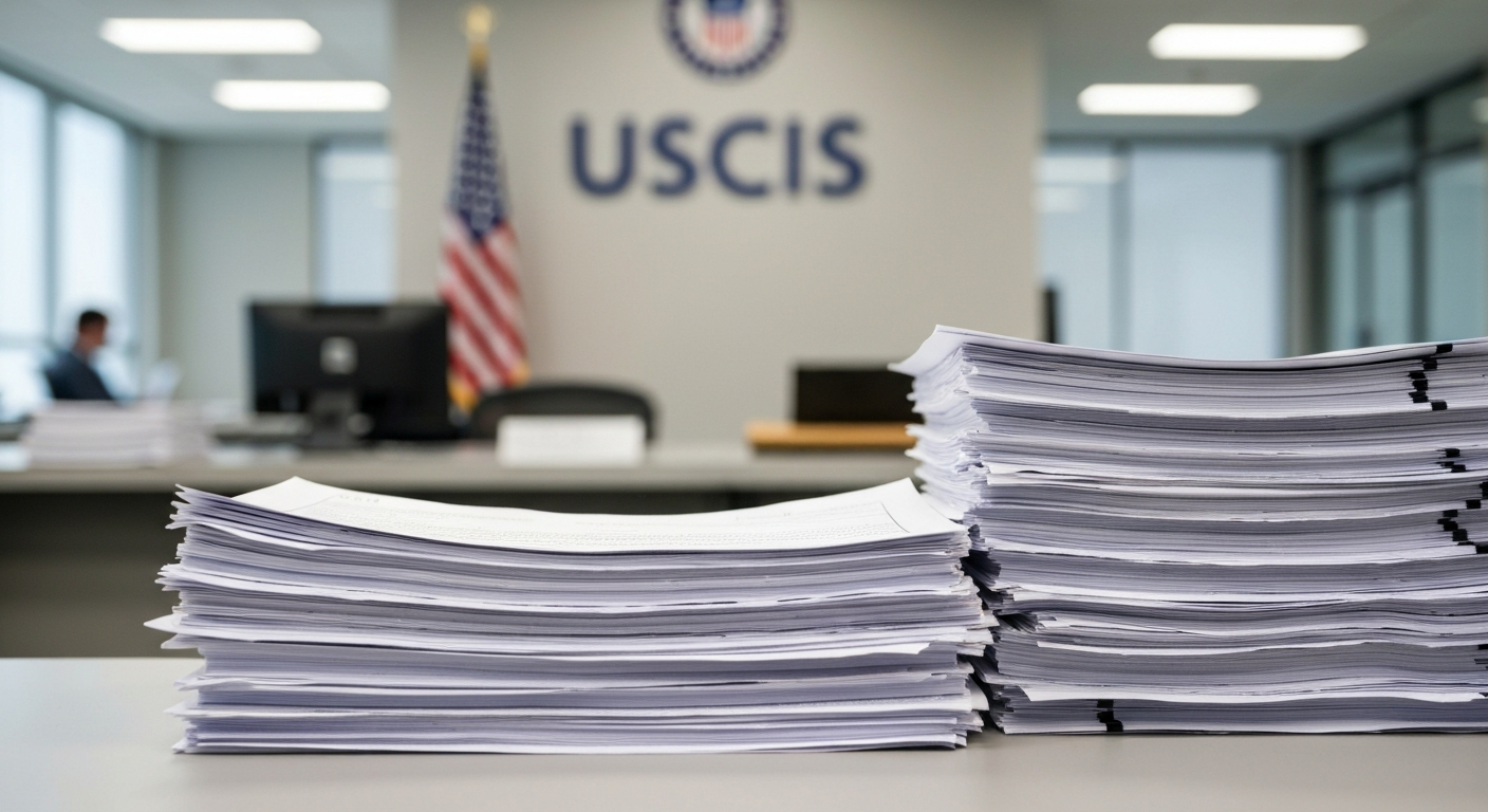 Стопка петиций на визу H-1B в офисе USCIS на фоне рабочего стола, иллюстрация закрытия лимита H-1B на 2027 финансовый год
