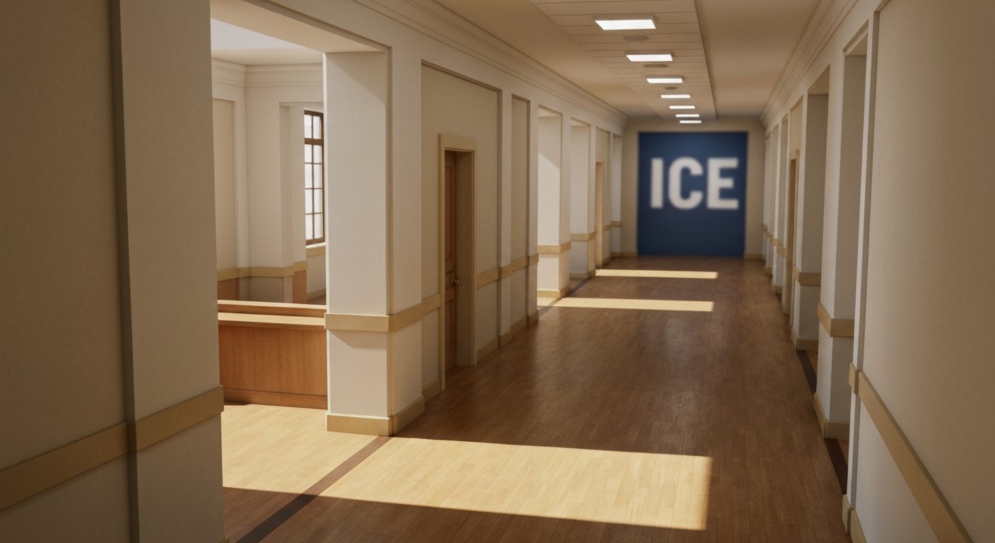Коридор федерального здания США с размытым логотипом ICE на стене, иллюстрирующий политические призывы к роспуску иммиграционной службы