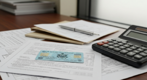 Рабочий стол с картой Social Security, налоговыми документами и калькулятором как иллюстрация темы пенсионных прав иммигрантов в США