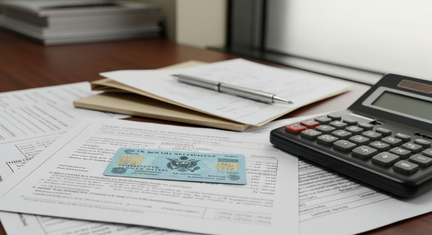 Рабочий стол с картой Social Security, налоговыми документами и калькулятором как иллюстрация темы пенсионных прав иммигрантов в США