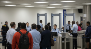 Контроль службы ICE и проверка статуса виз у пассажиров в зоне внутренних вылетов крупного аэропорта США