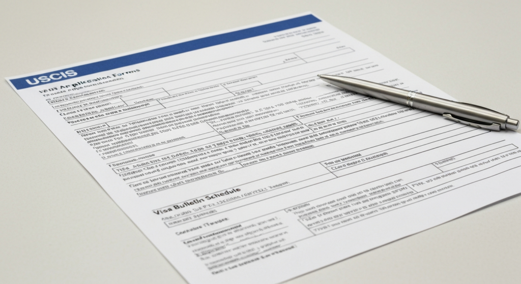 Документы USCIS с формой для грин-карты и распечаткой Visa Bulletin на столе в офисе, иллюстрация изменений I-485 и правил о публичной нагрузке
