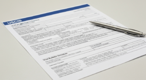 Документы USCIS с формой для грин-карты и распечаткой Visa Bulletin на столе в офисе, иллюстрация изменений I-485 и правил о публичной нагрузке