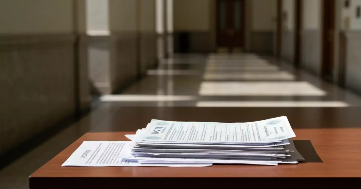 Папка с документами USCIS по разрешению на работу и материалами по убежищу на столе в коридоре федерального суда США