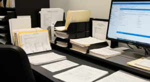 Рабочее место сотрудника USCIS с иммиграционными делами на столе на фоне изменений политики отказов без RFE в 2026 году