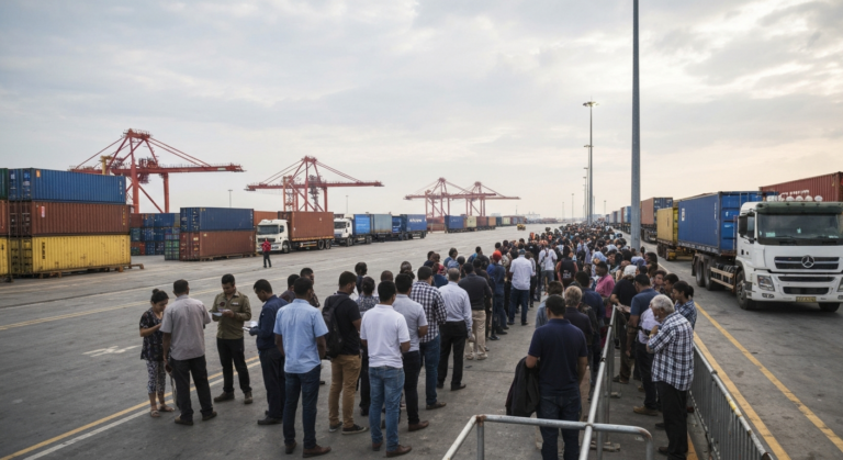 Офицер CBP осматривает конфискованные пакеты на столе в порту въезда Ларедо, иллюстрация контроля и конфискации