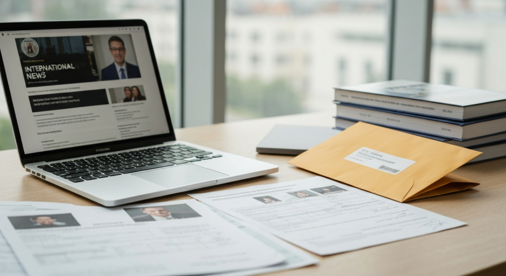 Документы и ноутбук на столе в нейтральной журналистской обстановке, иллюстрация иммиграционного мошенничества