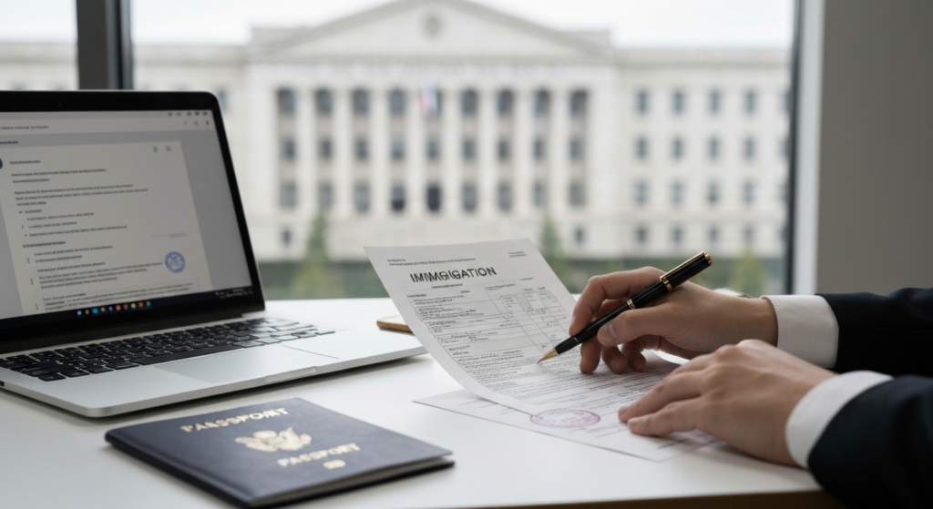 Рабочий стол иммиграционного юриста с документами USCIS, паспортом и ноутбуком на фоне здания администрации