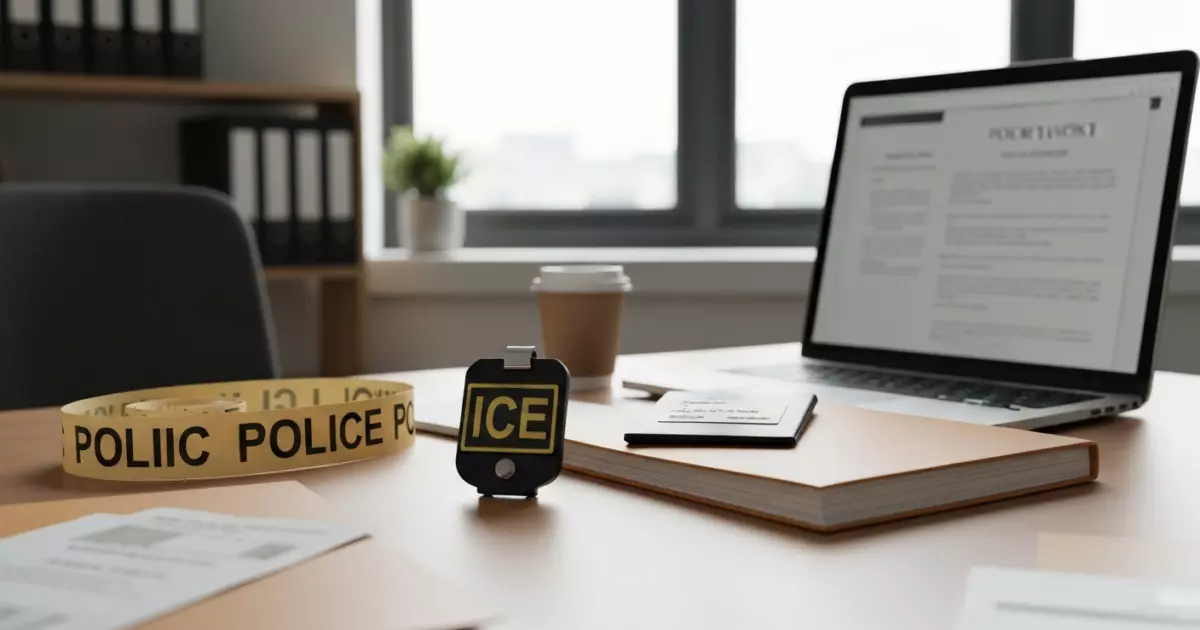 Офисная сцена с папками дела, бейджем ICE и ноутбуком, иллюстрирующая расследование ареста агента по делу о стрельбе