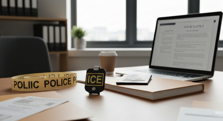 Офисная сцена с папками дела, бейджем ICE и ноутбуком, иллюстрирующая расследование ареста агента по делу о стрельбе
