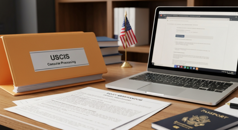 Офис иммиграционного юриста с документами USCIS и папками по консульскому оформлению на столе