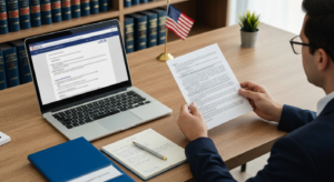 Офисная сцена с документами и ноутбуком, иллюстрирующая разъяснение USCIS по дискреции при смене статуса