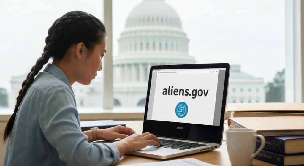 Журналистский стол с ноутбуком, открытым на стилизованном сайте aliens.gov, документы по иммиграции на фоне здания в Вашингтоне
