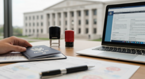 Журнальная фотография документов, ноутбука с сайтом USCIS и паспортом на столе, иллюстрирует изменения в иммиграционной политике США