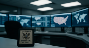 Серверная и мониторы с данными DHS, иллюстрация взлома информационной сети HSIN и рисков утечки конфиденциальных данных партнеров