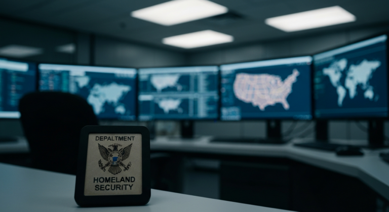 Серверная и мониторы с данными DHS, иллюстрация взлома информационной сети HSIN и рисков утечки конфиденциальных данных партнеров