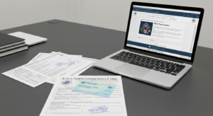 Иммиграционные документы и карта разрешения на работу H-4 EAD на столе, на фоне ноутбука с информацией об автоматическом продлении до 540 дней