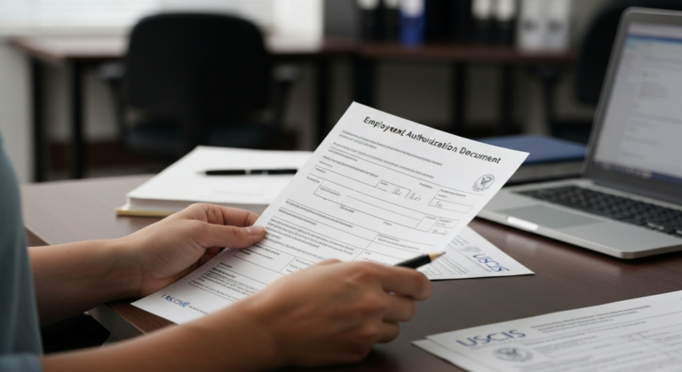 Папка с документами USCIS и заявлением на разрешение на работу EAD на столе, иллюстрация к спору вокруг новых правил для просителей убежища и держателей TPS