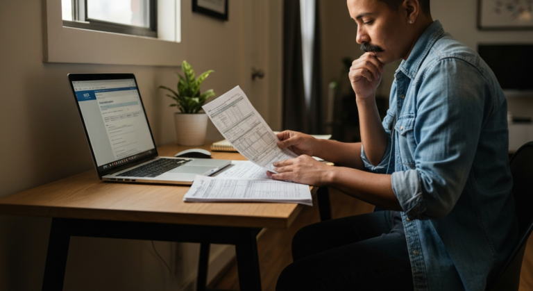Иммигрант в США без гражданства заполняет налоговые формы IRS за рабочим столом в своей квартире